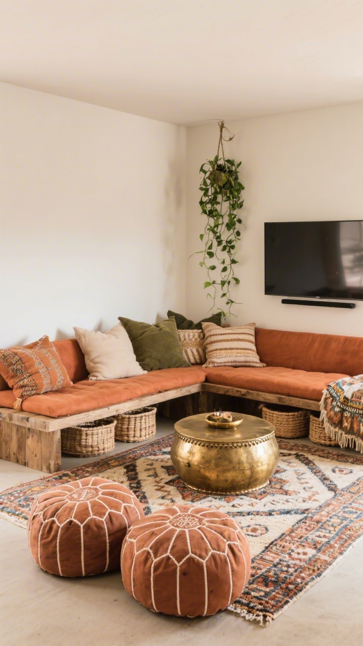 Wide corner shot, Boho Layered L-Shape With Low Media Bench: compact L-shaped sectional tucked into a corner facing a low raw-wood media bench with woven baskets beneath and TV above, Moroccan-inspired flatweave rug layered with oversized floor cushions, hammered brass drum table, trailing pothos hanging near the TV to soften tech; warm terracotta, sand, olive, and brass tones; include two narrow poufs partially slid under the bench.