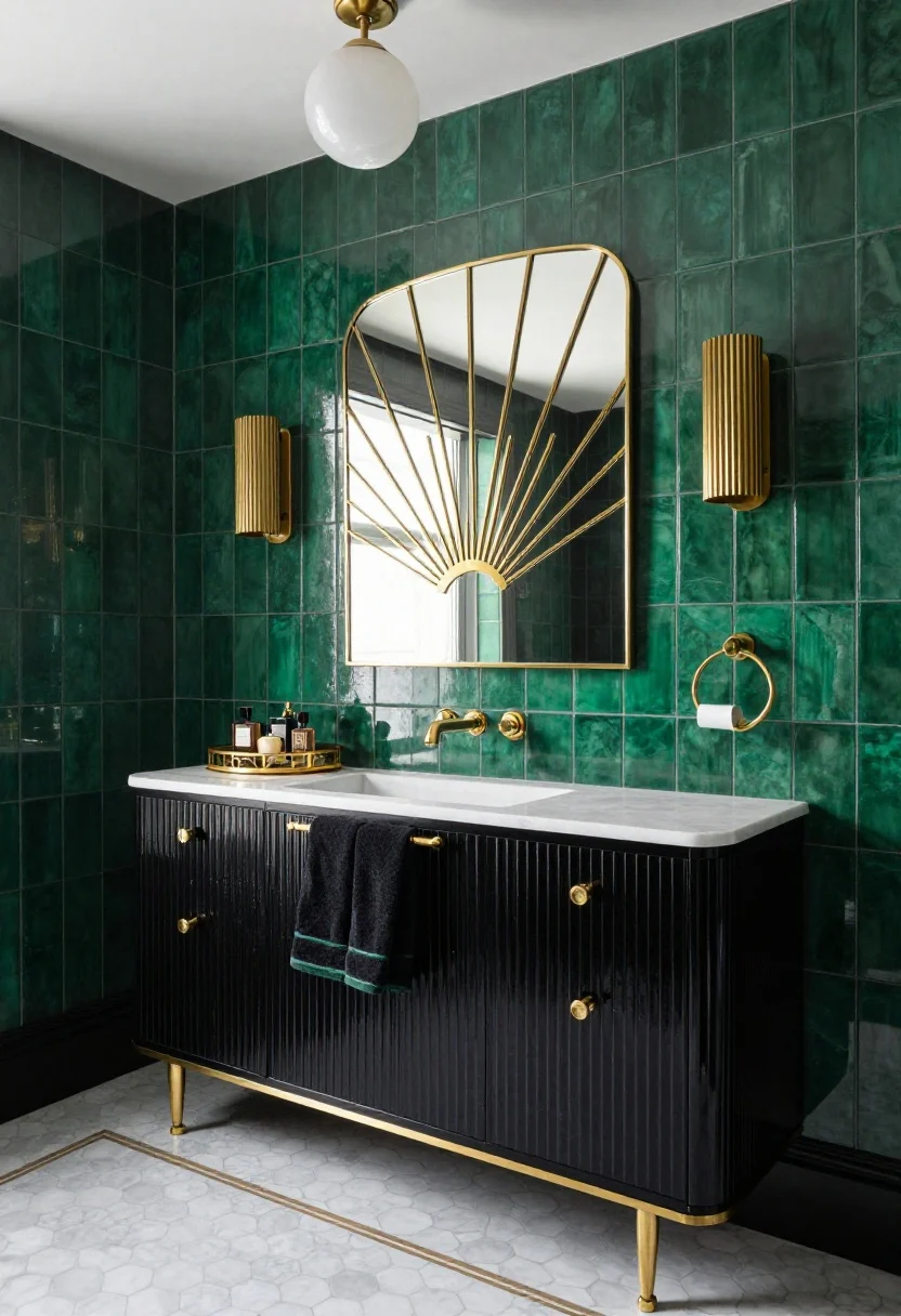 Wide, dramatic shot of “Emerald Art Deco Glam”: walls clad in deep emerald tiles stacked vertically, a glossy black fluted-front vanity with polished brass pulls and white marble top. Fan-shaped brass mirror above, flanked by petite ribbed sconces; overhead milk glass globe ceiling light. Floor in white marble penny rounds with a subtle brass inlay border. Brass hardware throughout: faucet, towel ring, paper holder. Thick black towels with emerald piping. A small lacquer tray with perfume bottles and a gold-foiled matchbox. Photorealistic, moody glam lighting with rich brass highlights.