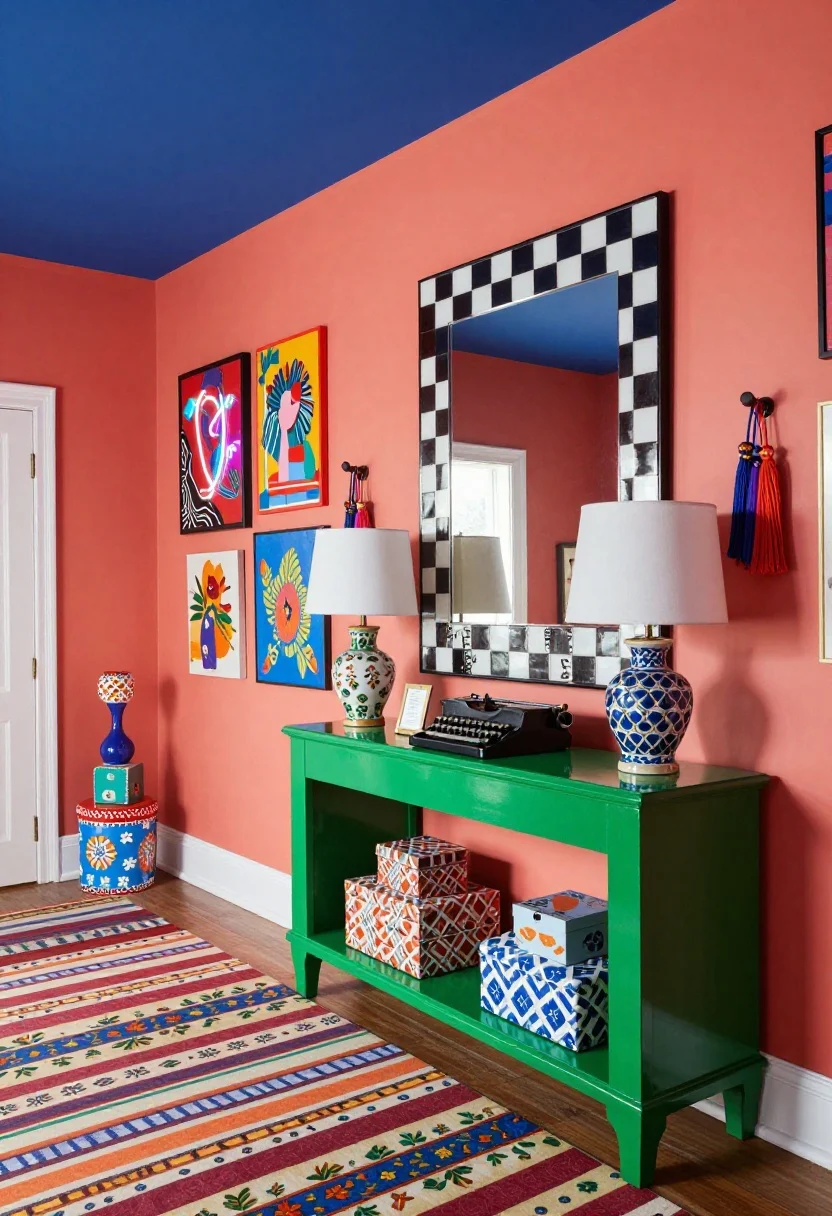 Wide, energetic maximalist hallway: saturated coral walls with a cobalt ceiling, bold pattern-on-pattern runner (stripes mixed with florals/checks), high-gloss green lacquered console as a statement piece; checkerboard mirror above; layered gallery wall with vivid art, neon artwork shimmering; console styled with mixed ceramic lamps, a quirky bust, and a vintage typewriter; colorful tassels on keys and stacked patterned boxes; finishes: lacquer, saturated paint, mixed prints; bright, punchy lighting.