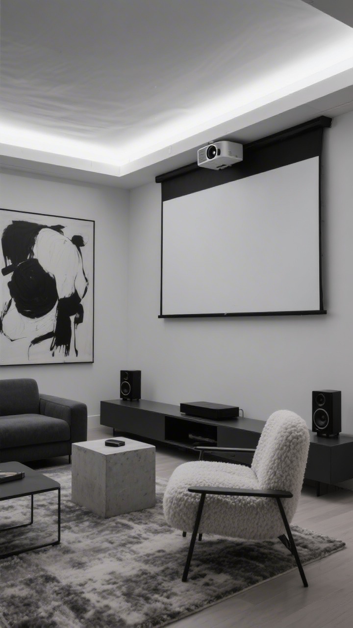 Wide evening shot, Monochrome Modern With Hidden Projector Screen: short-throw projector in use with pull-down screen from a discreet ceiling valance, slim charcoal sofa opposite, super low platform media unit for speakers/storage, big abstract canvas visible when screen is up (hinted beside), chunky bouclé accent chair, square concrete side table; black, white, and soft gray palette, matte black hardware and powder-coated metal, wool rug; wall-wash lighting elevating the ceiling.
