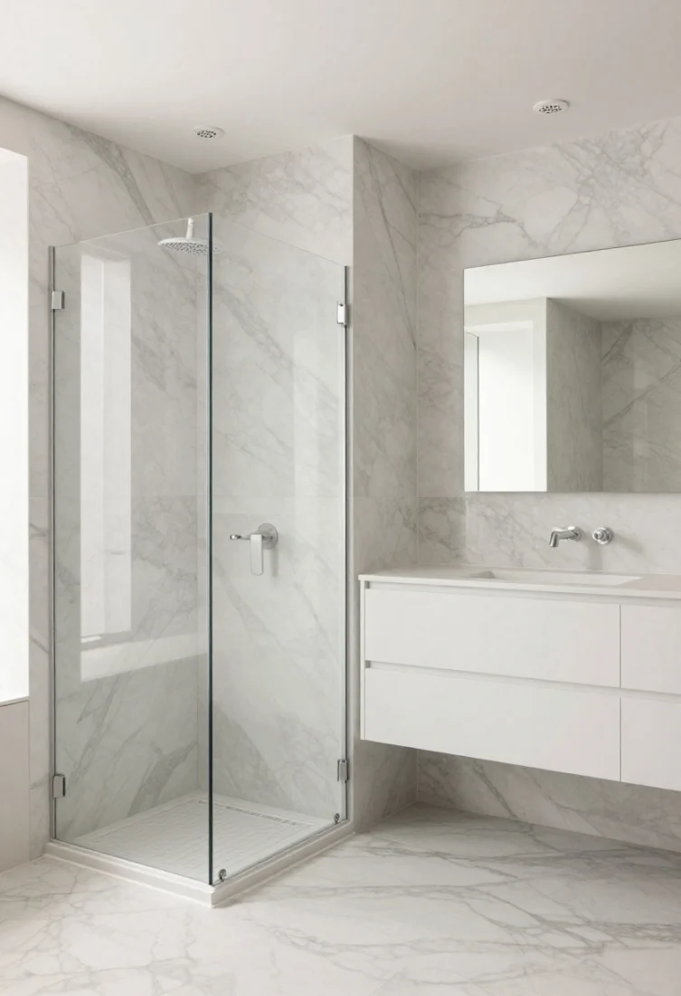 Wide, gallery-like shower and vanity wall: Stone-white envelope with large-format veined marble slabs bookmatched across the vanity splash and shower walls. Minimal white fixtures, linear drain, and extra-clear crystal glass keep focus on lyrical gray veining. Ceiling-washers graze the stone; a backlit mirror adds depth. Monochrome with movement, expansive feel through fewer grout lines and large planes.