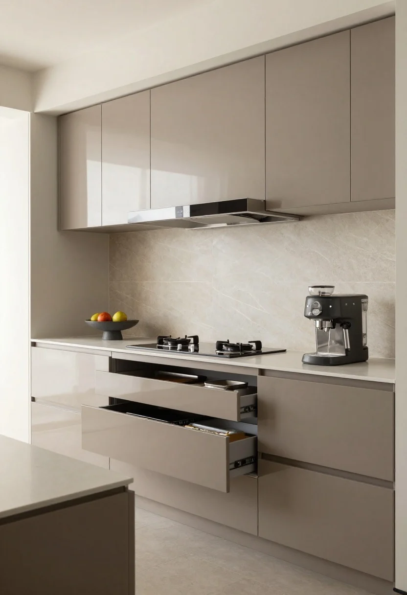Wide, modern minimalist galley: high-gloss taupe cabinets with push-to-open, handleless fronts; low-profile induction cooktop, flush-mounted hood; large-format stone backsplash with minimal grout; toe-kick drawers slightly open showing baking sheets and trays neatly stored with custom dividers; counters nearly bare with a graphite fruit bowl and a single espresso machine; palette taupe, graphite, soft white, stainless; crisp daylight and subtle reflections emphasizing sleek surfaces.