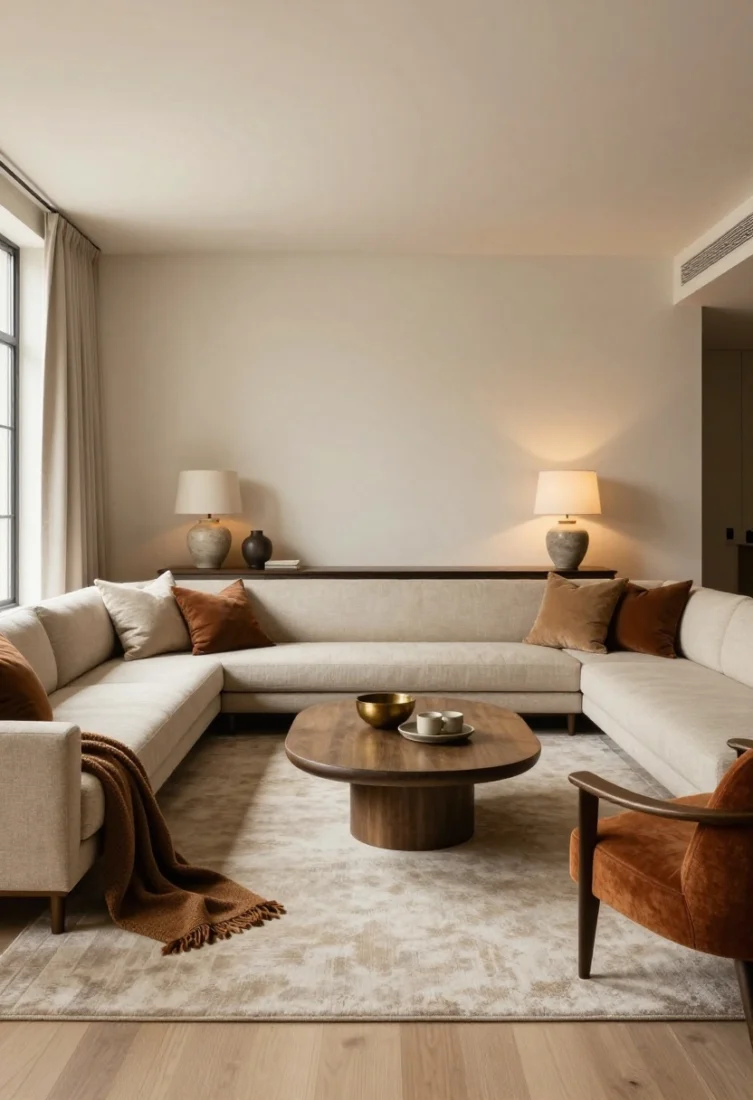 Wide open-plan anchor: A living area floating as an “island of comfort” in an open concept—U-shaped seating with a sofa and chaise on one side, a streamlined bench opposite, and a pair of swivel chairs completing the curve; a large single rug defines the zone with its border aligning with furniture backs; a large oval coffee table with softly beveled edges at center for easy flow; behind the bench, a long console with twin oversized ceramic table lamps forming a soft wall and warm glow; palette of sand, ink, caramel, and antique brass; bouclé pillows, cashmere throws; cohesive, high-end ambiance.