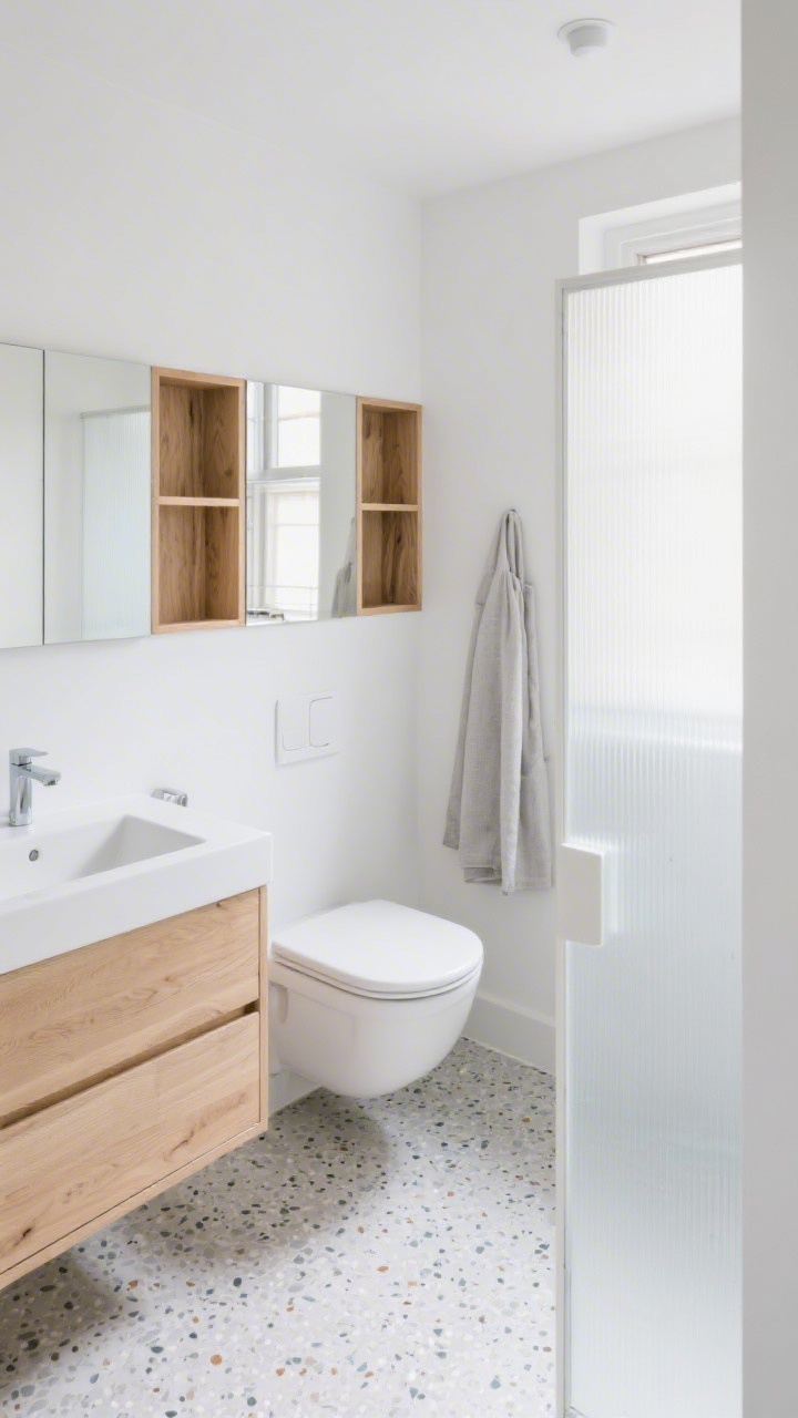 Wide overhead corner view of a Scandinavian light box bathroom: matte white walls, pale oak vanity drawers with two deep drawers, satin-finish terrazzo floor with soft speckles, frosted-glass pocket door glowing with daylight; built-in oak cubbies over the toilet, slim mirrored medicine cabinet (mirrored inside and out), soft gray linen shower curtain; palette of white, pale oak, soft gray, warm chrome; calm, airy lighting.