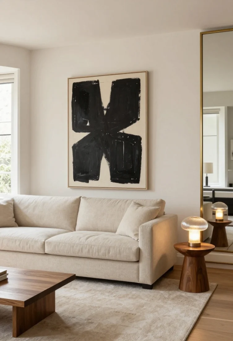 Wide room shot: A small luxury living room with warm white walls in soft ivory, a slim-armed oatmeal linen-blend sofa, and a hand-tufted low-pile stone rug. A single oversized black-and-cream abstract artwork dominates the wall. Include a petite walnut pedestal side table with a ribbed glass mushroom lamp glowing softly. A narrow brass-lined mirror opposite a sunlit window bounces light. Polished styling, minimal clutter, reflective accents; airy, couture feel.