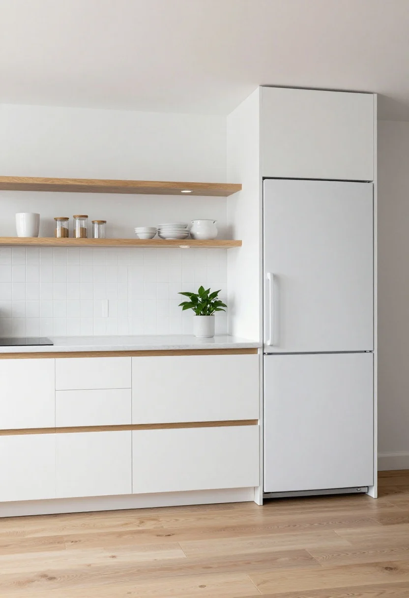 Wide room shot, Bright Scandinavian Streamline: a single-wall compact kitchen with matte white slab cabinets without handles, a slim oak toe-kick, barely-there white quartz counters with soft gray veining, and a vertical stacked white tile backsplash drawing the eye upward; one wall features open oak shelves styled with white ceramics, clear glass canisters, and a single leafy plant; integrated compact fridge panel-matched, 24-inch dishwasher, flush-mount LED puck lights illuminating clean surfaces; light oak plank flooring laid lengthwise to elongate; palette of white, pale oak, soft gray; straight-on perspective, airy daylight, uncluttered minimalist scene, photorealistic.