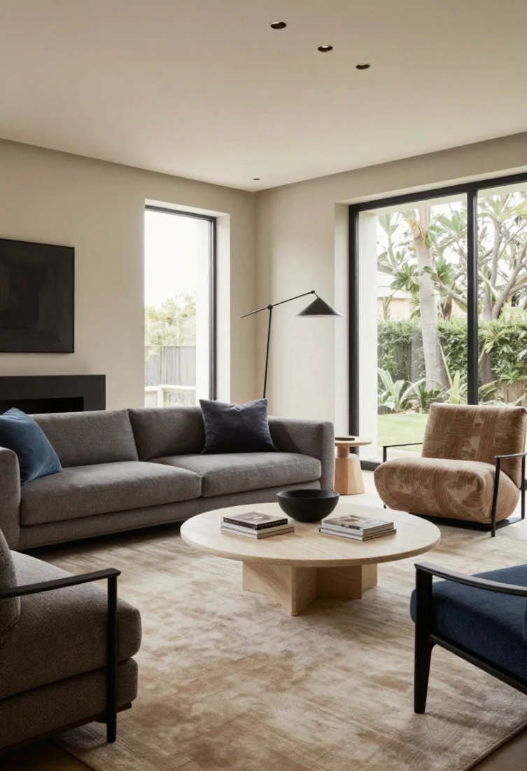 Wide shot: A luxury living room arranged on a 45-degree angle with a floated tuxedo sofa set at a perfect diagonal to the room’s longest wall, two sculptural lounge chairs angled back toward it forming a soft diamond, and a round honed limestone coffee table anchoring the geometry; layered rugs with wool-sisal over a silk rug add plush sheen; palette in bone, charcoal, and mineral blue; materials include matte black metal accents, mohair cushions, and oak detailing; asymmetrical floor lamp sweeping over the coffee table, low-profile ceiling spots creating layered lighting; corner fireplace and wall of windows subtly present, traffic flow visible along the long sides of the diamond; premium, editorial styling with art books and a minimal black clay accessory; photorealistic, no people.