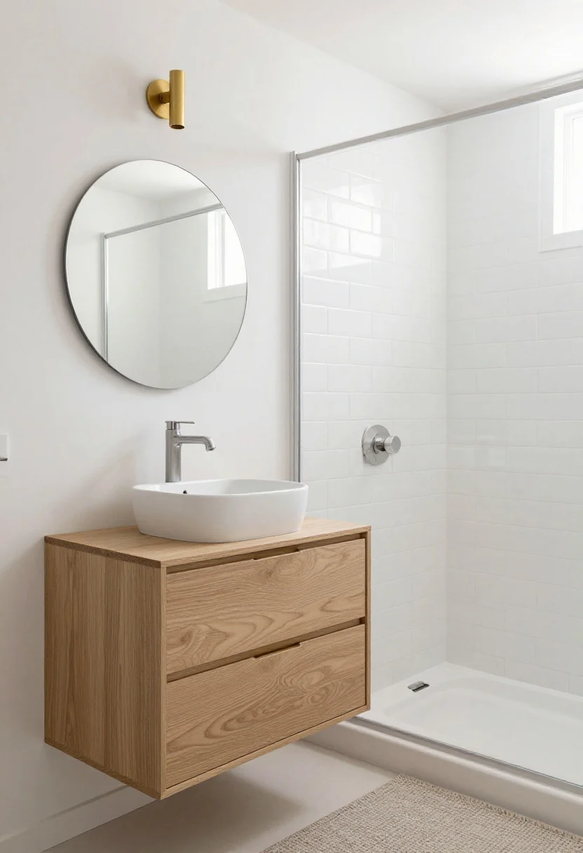 Wide shot: A Scandinavian minimalist small bathroom bathed in natural morning light, with matte warm white walls, a floating blonde oak vanity with two deep drawer fronts and brushed brass pulls, and a round frameless mirror above an oval soft-white vessel sink; shower features vertically stacked white subway tiles and a micro-lipped stone shower tray flush with the pale floor; a slim brass wall sconce and a pale taupe wool flat-weave bath mat complete the scene, clutter-free with integrated drawer dividers suggested.