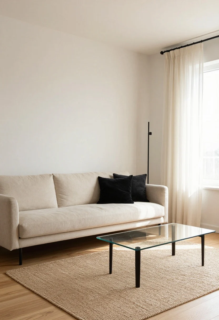 Wide shot: A small living room with cloud white walls tinged with cream, a pale buttery beige sofa, light oak floors, and a floating jute rug; slim black metal pinstripe legs on a glass-topped coffee table, a narrow black floor lamp, gauzy sheer curtains filtering soft daylight, and two black-and-ivory pillows adding delicate contrast; airy, sunlit, cozy mood, no people, photorealistic.