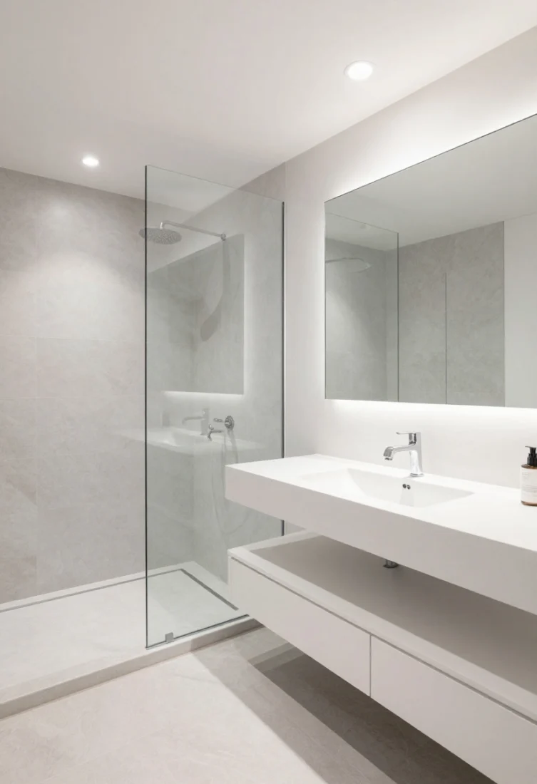 Wide shot: A small luxury bathroom in cloud white and oyster gray with a floating white oak vanity, large-format oyster-gray porcelain floor, stone-look slab shower wall, frameless glass screen, and low-profile chrome fixtures. A slim, backlit medicine cabinet provides a soft halo; a recessed shower spot grazes the slab. Negative space under the vanity opens floor area. Polished, gallery-clean styling with minimal accessories, crisp reflections, and layered lighting in a bright, airy mood.