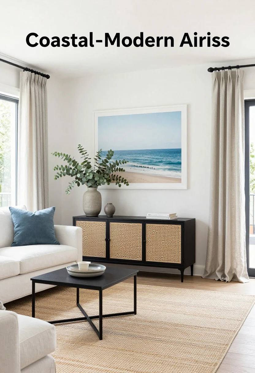 Wide shot, bright natural light: “Coastal-Modern Airiness” with crisp white walls, soft blues and sandy neutrals. A relaxed slipcovered white sofa faces a black metal-frame coffee table; black curtain rods frame pale linen drapes. A subtle stripe flatweave rug underfoot, cane-front storage cabinet, and large-scale coastal photography in white frames on the wall. Oversized vase with eucalyptus on the table. Breezy yet edited vibe, photorealistic.