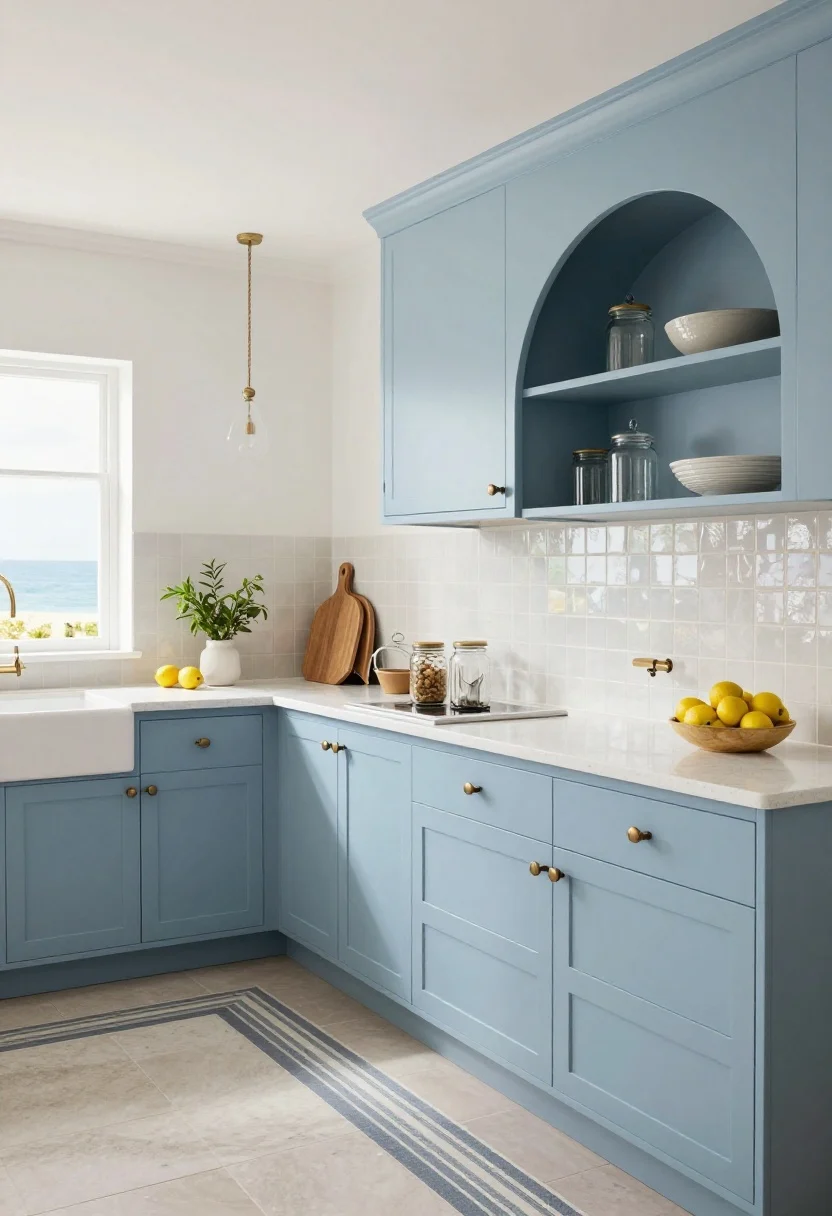 Wide shot, Coastal Airy Blue With Arched Moments: breezy kitchen with watery blue-gray lower cabinets and open uppers supported by arched brackets; white quartz counters with subtle sea-salt flecks; pale zellige tile backsplash shimmering softly; oil-rubbed bronze cup pulls, rippled glass canisters on the counter, a striped runner along the floor; rope-detailed pendant overhead; minimal decor with a bowl of lemons and small potted herbs on the windowsill; soft coastal daylight, gentle curves, photorealistic.