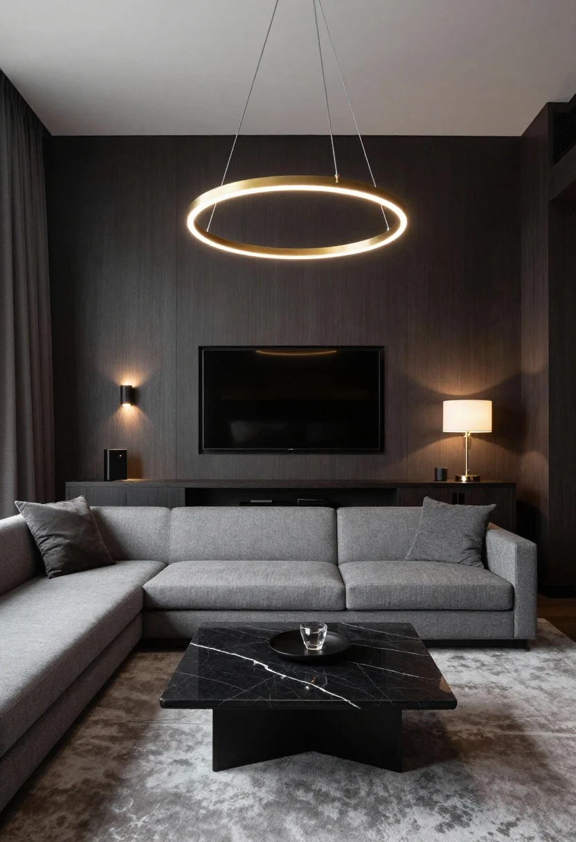 Wide shot, contemporary hotel suite chic: deep mushroom walls, graphite sofa with sharp tailoring, slim black marble coffee table, low dark-wood console, heavy floor-skimming drapery; a thin brass LED ring pendant centered above seating for crisp luxe light; headboard-style plug-in sconces flanking the sofa for symmetrical reading light; a backlit wall panel behind the TV diffusing glare; a glass-and-brass table lamp on the console; plush tonal rug; moody, refined ambience; straight-on, evening scene with dimmers.
