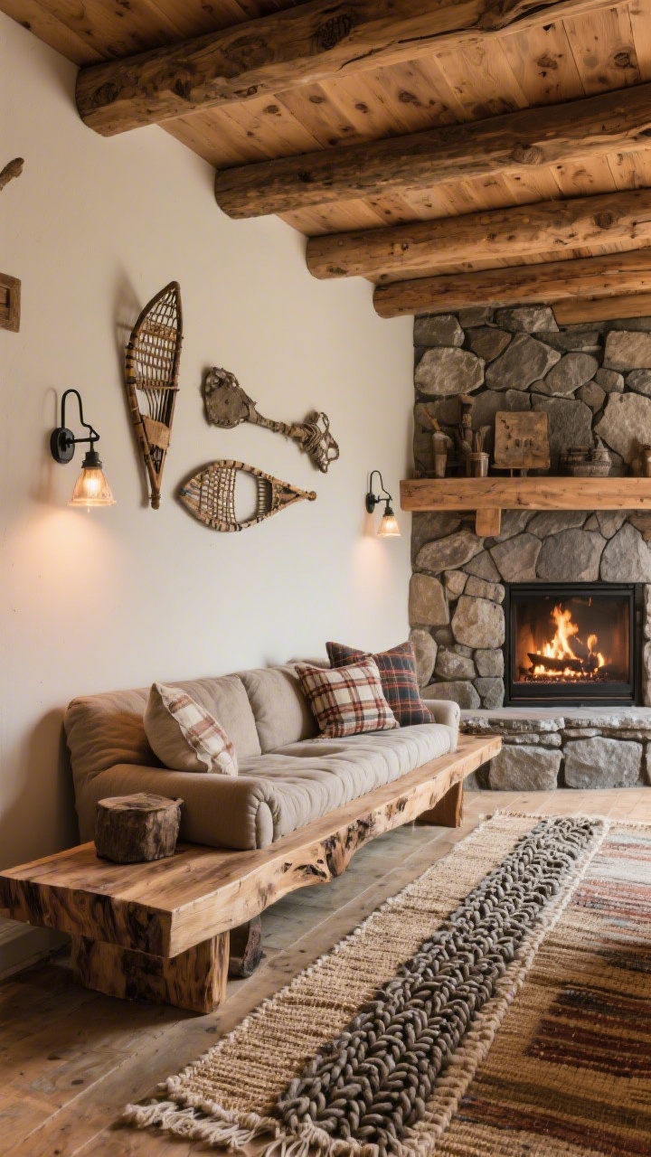 Wide shot, cozy angle toward long wall: Rustic lodge style with natural wood ceiling beams drawing the eye across; a narrow English-roll sofa facing a stone-look electric fireplace mounted on the long wall with a live-edge console beneath; layered rugs—a braided wool runner over a wide sisal; plaid cushions, antique snowshoes as wall art, iron swing-arm sconces; warm firelight and soft ambient glow.