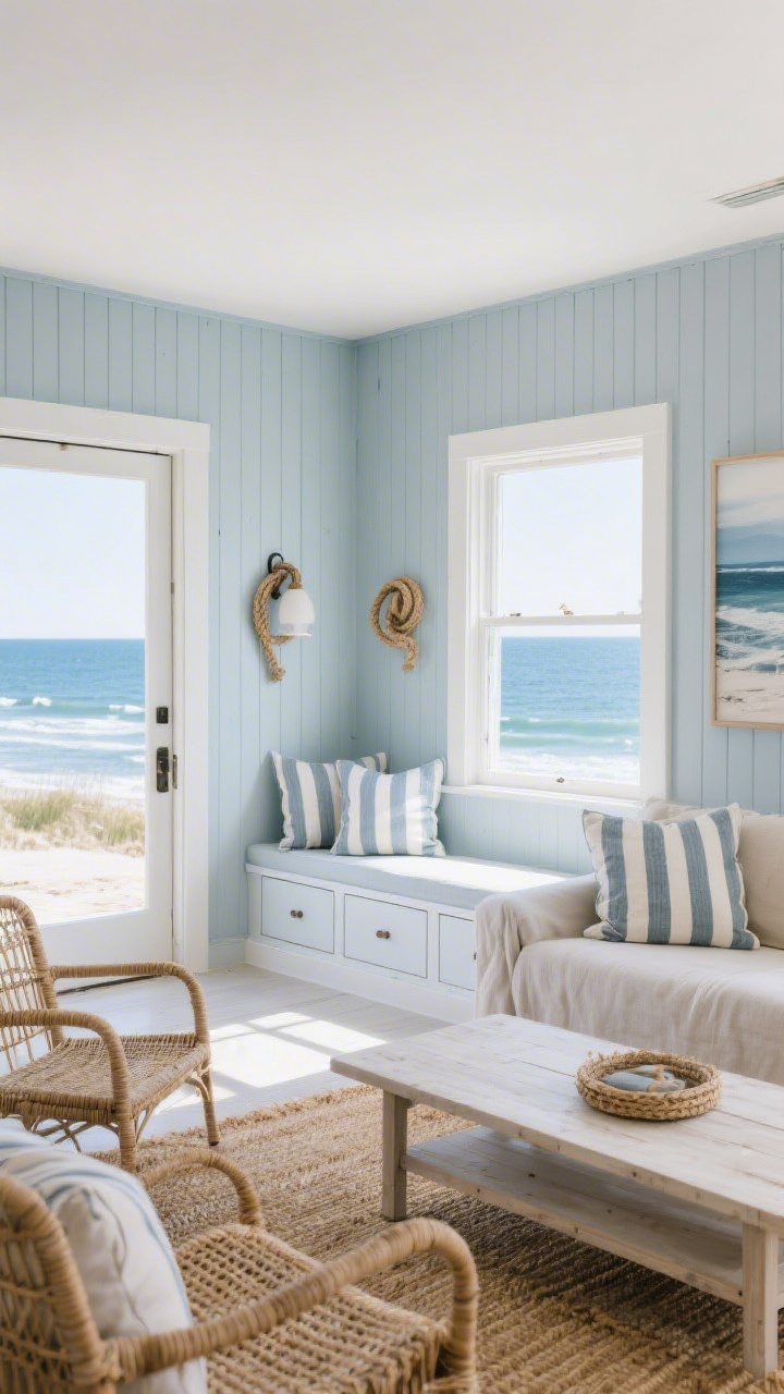 Wide shot from doorway: Coastal retreat with vertical slat paneling on the short walls to cap the length, soft blue-gray paint on the long walls; a window bench seat with storage drawers; visually light slipcovered sofa, rattan accent chairs, and a bleached wood coffee table; ticking stripe pillows, woven rope sconces, and a seagrass runner; a large ocean photograph anchoring the scene; bright, airy daylight.