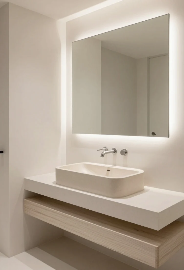 Wide shot, immersive: A micro bathroom featuring a custom wall-to-wall, vanity-to-ceiling mirror slab with seamless cutouts for fixtures, edged with concealed LED backlighting that creates an ethereal perimeter glow. A thin floating vanity in rift-sawn white oak supports a creamy honed stone vessel sink; polished nickel knife-edge pulls and a single deck-mounted tap keep lines minimal. Warm white palette and calm, hotel-grade illusion with layered lighting and pristine reflections.