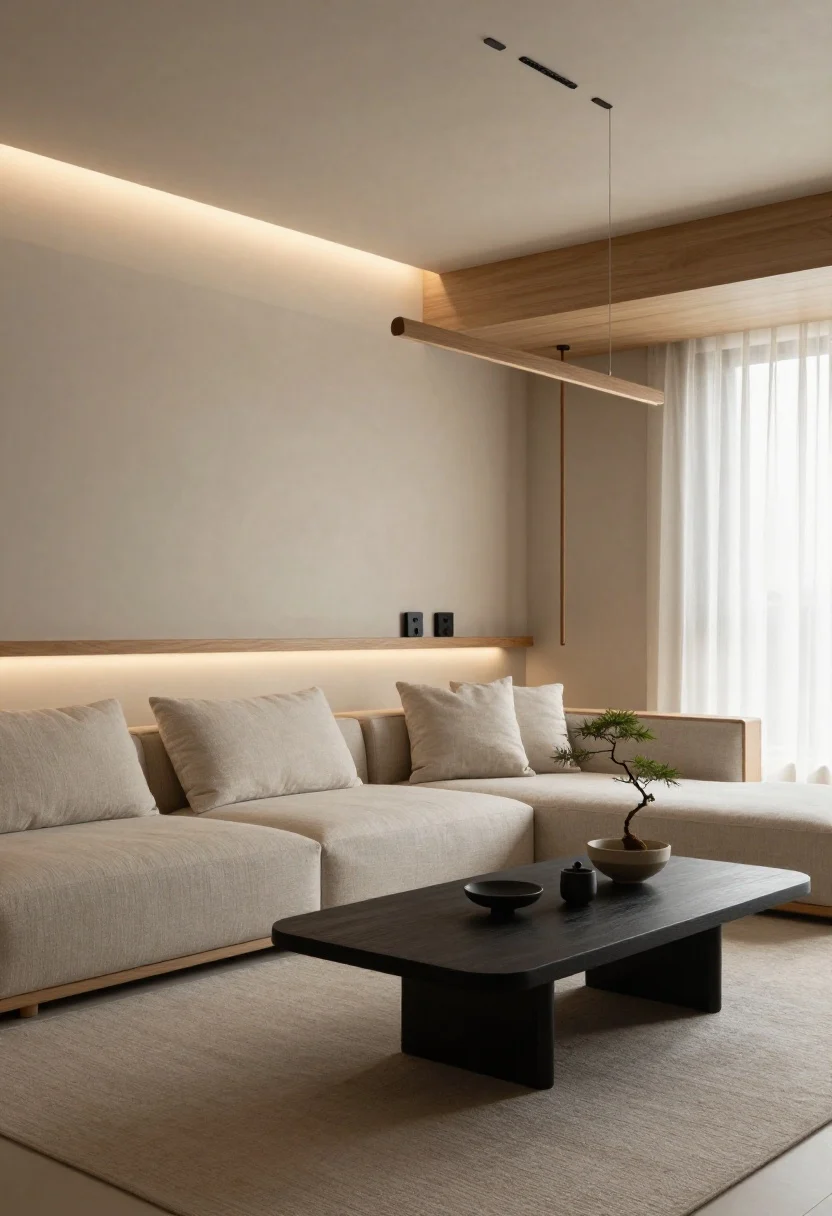 Wide shot, Japandi serenity with linear light: clay-beige walls, slim-profile oak sofa with neutral cushions, rectilinear black coffee table with rounded corners; minimal decor—one bonsai, a ceramic bowl, gauzy drapes; a linear wood-accent pendant floating above the coffee table; linen-shaded plug-in sconces in matte black flanking the sofa for task light; a floor-washer LED strip under a floating media shelf grazing the wall and elongating the room; soft, directional, purposeful glows; corner angle; tranquil mood.