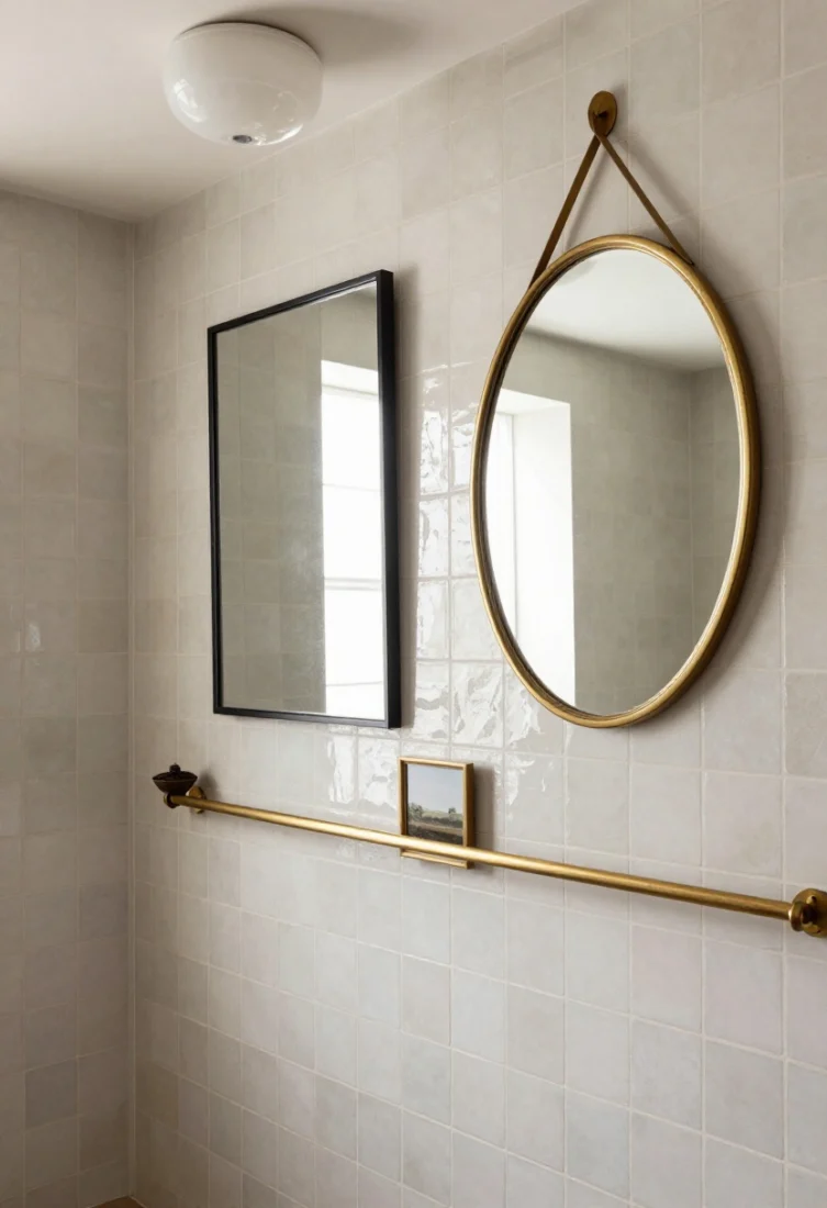 Wide shot, layered composition: A slightly wider vanity wall clad in pale sage zellige tiles with gentle variation, featuring two overlapping mirrors—a large rectangle and a narrower oval—offset along one edge to create visual hierarchy. A slim warm brass picture rail beneath holds a small framed landscape and an incense dish. Overhead, a milky alabaster flushmount diffuses light that shimmers across the tile and dances through double reflections. Editorial luxury with mixed mirror shapes and polished styling.