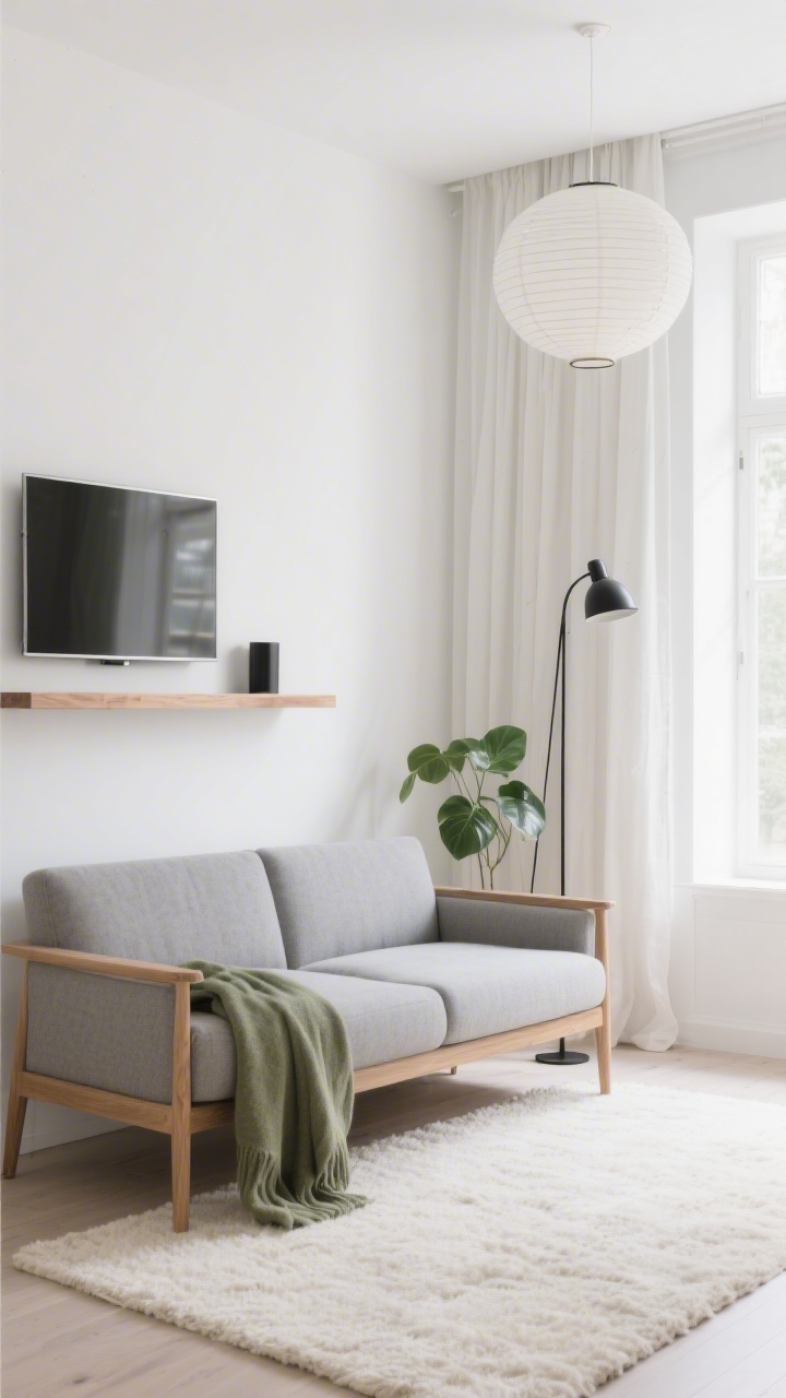 Wide shot, Light & Lifted Scandinavian Streamline living room: white walls, slim oak-framed soft gray sofa with tall tapered legs pulled 6–8 inches from the wall, wall-mounted thin-frame TV above a narrow floating oak media shelf, whispery cream textured rug, single sage throw and one leafy plant, paper lantern ceiling light, black metal floor lamp, linen curtains hung high and wide; bright natural daylight, airy minimal Scandinavian mood, photorealistic.
