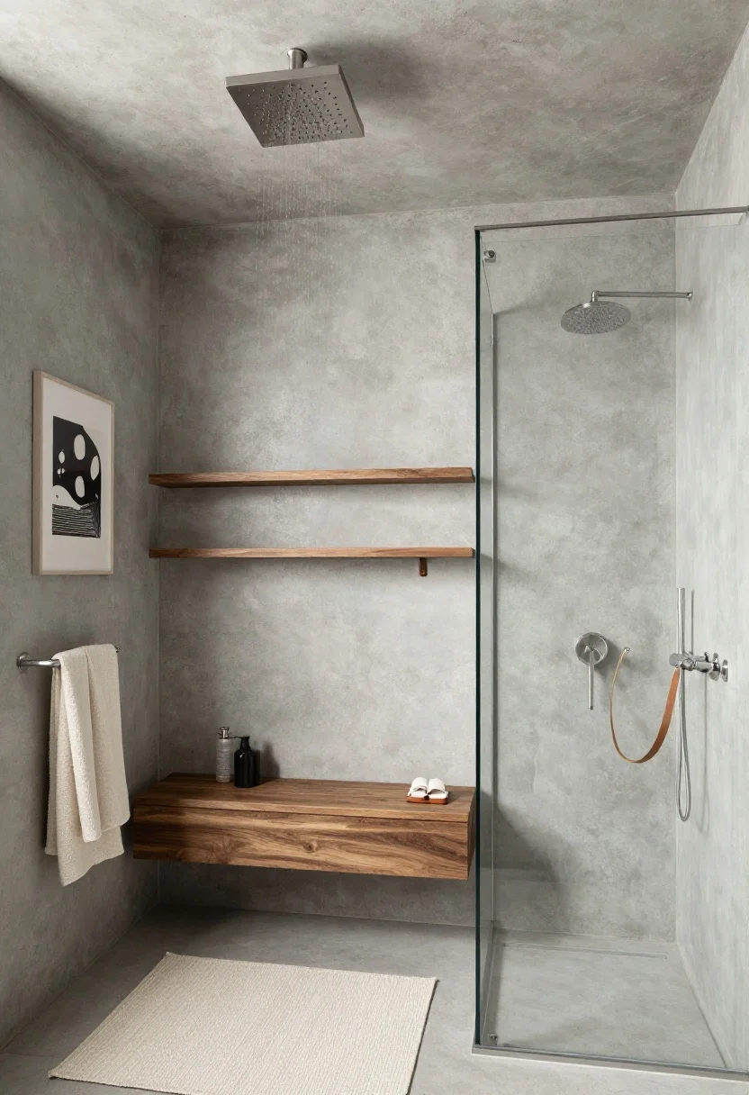 Wide shot, loft calm: Urban concrete-inspired bathroom wrapped in light gray microcement across walls, integrated vanity, and shower; a ceiling-mounted rain head drops from above, with a single frameless glass panel; brushed stainless fixtures keep a cool tone; warm walnut floating shelves and a leather strap hook soften the shell; an ivory textured cotton rug and a single black-and-white abstract print finish the composed scene.
