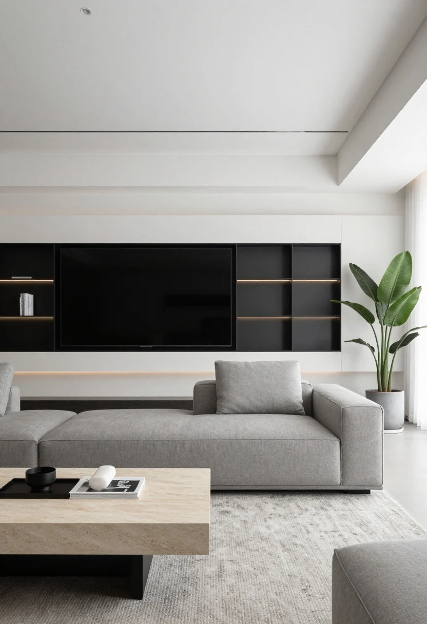 Wide shot, low eye level: “Sleek City Minimal” living room with a tight-back sofa with slim arms in greige, a thin stone slab coffee table, and a wall-mounted media unit freeing floor space. Neutral palette of greige, graphite, and soft white with black/chrome accents. Integrated LED strip lighting under shelves and behind the TV creates a subtle halo. A micro-pattern rug and a single large plant soften edges. Clean, streamlined, high-end urban mood.