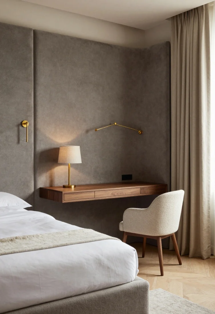 Wide shot, luxury editorial style: A tiny boutique-hotel-inspired bedroom features a full-height, corner-wrapping upholstered headboard wall in graphite linen with mushroom-velvet panels, a slender matte-walnut floating desk with bullnose edges and a hidden slim drawer tucked into the wrapped corner, and a petite low-profile bouclé task chair. Layered lighting includes articulated antique-brass plug-in sconces flanking the headboard and a compact linen-shaded table lamp on the desk. Floor-grazing tonal wool flannel curtains in bone soften the perimeter. Bedding is crisp and elevated: fine white percale sheets, a quilted coverlet, and a mohair throw at the foot. Palette: graphite, walnut, bone, antique brass. Materials: linen, velvet, flannel wool, matte wood, unlacquered brass. Evening ambience with warm dimmed lighting, polished styling, no people.