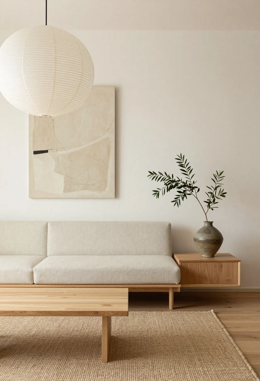 Wide shot, minimal composition: “Japandi Calm” space with pale oak floors and a low bench-style sofa in canvas/performance linen. A narrow pale oak coffee table sits on a textured jute/sisal rug, with a leggy oak media console floating visual weight. One large abstract artwork in beige and ink hangs with generous negative space. A round paper lantern pendant diffuses gentle light. Add a single bonsai/olive branch in a hand-thrown ceramic vase. Quiet, restrained luxury, photorealistic.