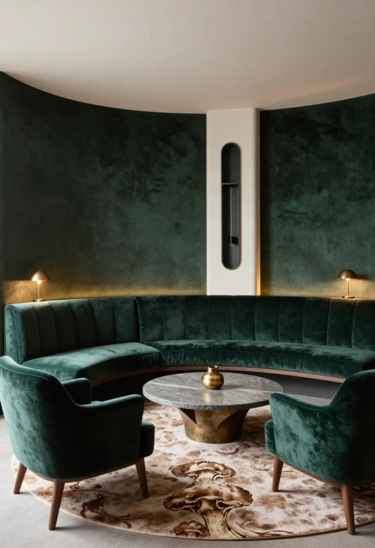 Wide shot of a broken-plan lounge: Structural columns and a half wall transformed into rhythm—custom banquette aligned along the half wall with a waterfall-corner cushion in velvet; two compact swivel armchairs opposite, oriented toward a central stone-and-bronze coffee table; a column wrapped with a shallow built-in book ledge and an integrated slim sconce, styled as a vertical vignette; custom-cut rug meticulously shaped around obstacles; palette of mushroom, sable, brass, and deep forest; directional spotlights highlighting the column vignette, low-glow table lamps at banquette ends; couture, tailored atmosphere.