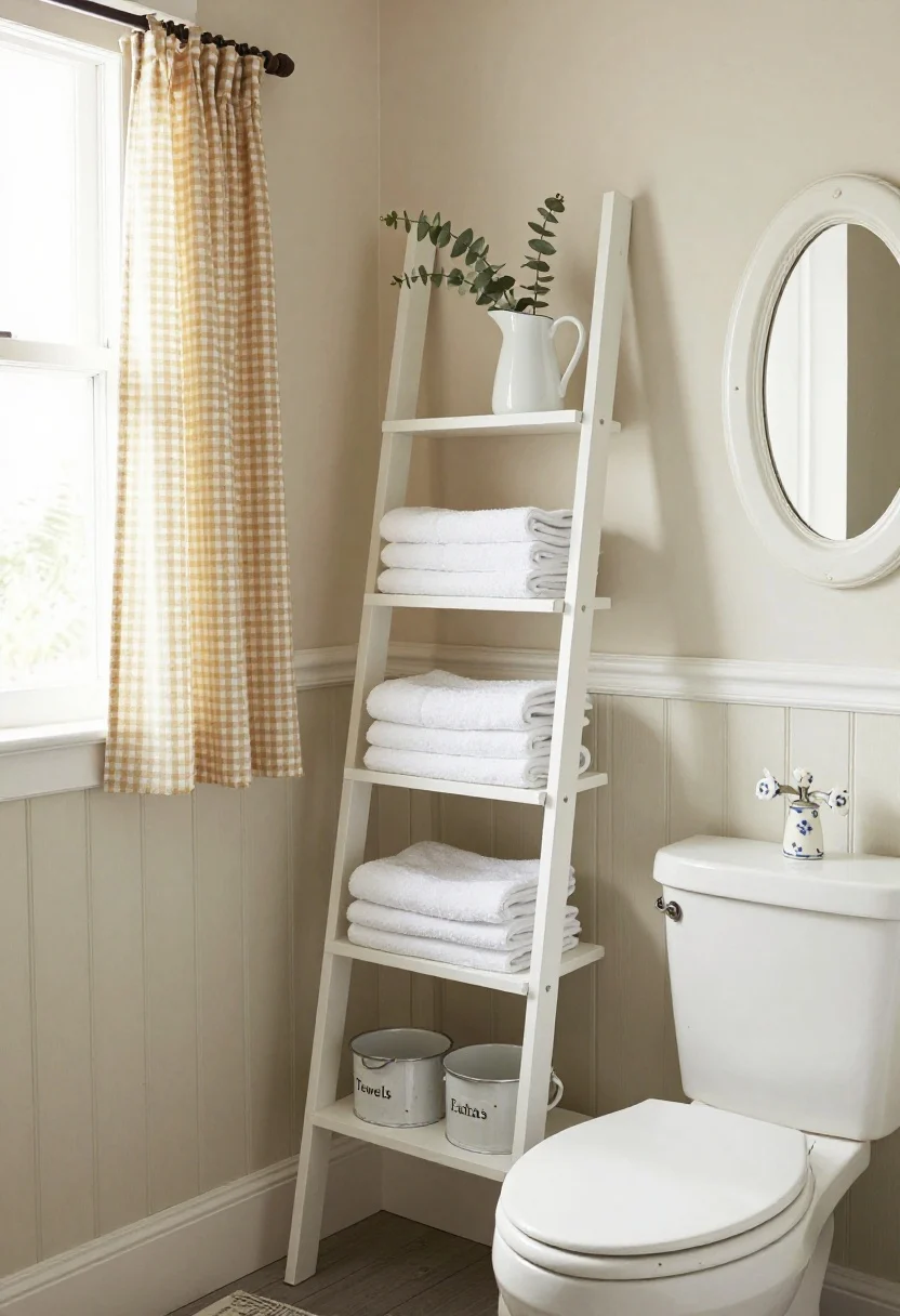 Wide shot of a cottage-style bathroom: a slim white ladder shelf leaning over the toilet with five rungs holding folded hand towels and a small white pitcher of eucalyptus. Walls painted buttermilk with a beadboard half wall; a gingham café curtain at the window. Include enamelware bins labeled “Towels,” “Bath,” and “Extras,” a distressed white oval mirror, and ceramic knob pulls with tiny blue flowers; soft morning light for cozy charm.