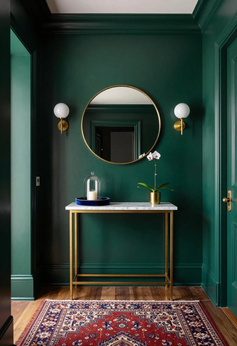 Wide shot of a moody jewel-tone hallway: walls painted deep emerald (satin finish), polished brass hardware accents, warm lighting from twin globe sconces flanking a round brass mirror, narrow antique-brass console with a marble top centered below; floor grounded by a vintage Persian runner in ruby and indigo; style the console with a velvet catchall tray, a glass cloche with a candle, and a small orchid cutting; finishes: brass, marble, velvet; dramatic, lounge-like mood.