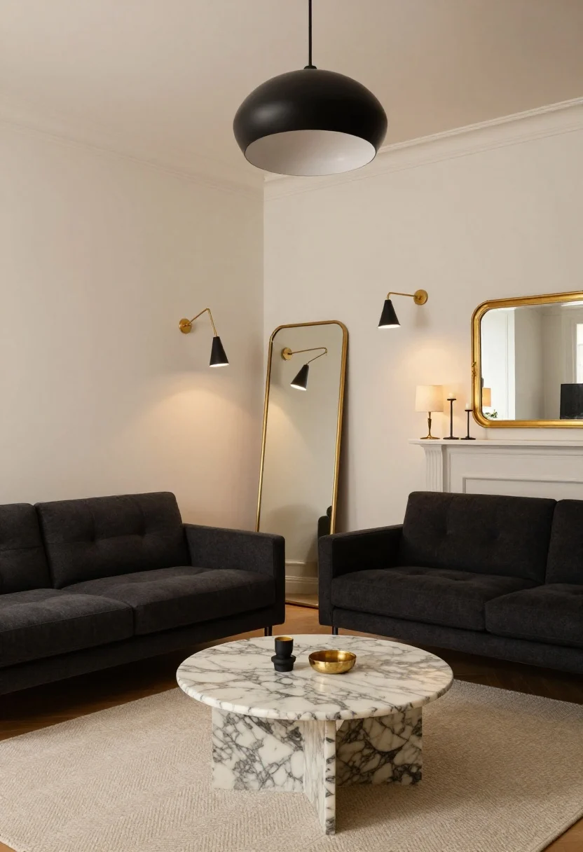 Wide shot, Parisian black-and-brass glow: a refined small living room with creamy off-white walls, a low-profile tufted sofa in soft charcoal, a marble-topped nesting coffee table, and a slim antique brass mirror leaning on a mantel or media console; paired black-and-brass swing-arm sconces flank the mirror, washing the wall with warm light; overhead, a petite black metal pendant with a white interior shade casts a chic, glare-free halo; a subtle herringbone wool rug underfoot; a console with three candlestick-style table lamps with linen drum shades creates layered Paris-at-night ambience; no people, photorealistic, straight-on angle, warm 2700–3000K lighting.