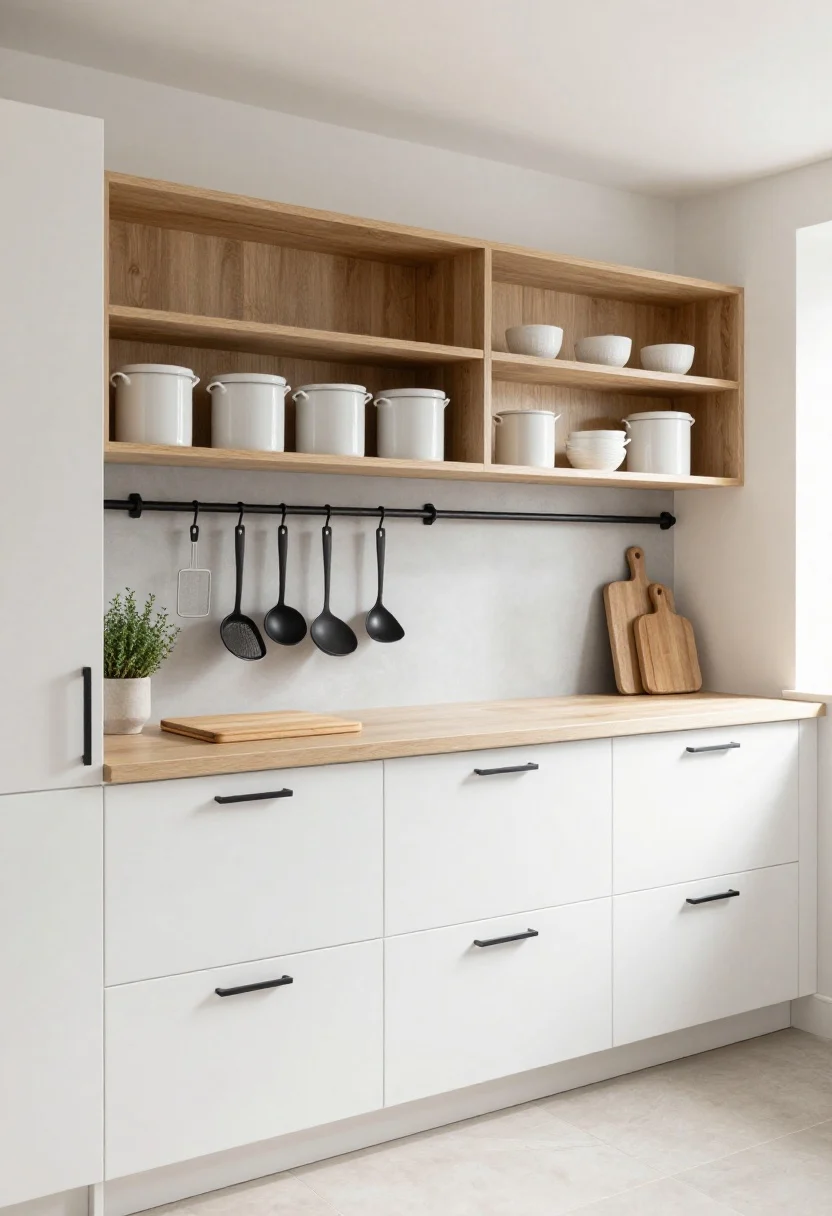 Wide shot, Scandinavian Slimline kitchen: matte white handleless cabinets, blonde oak open shelves, a continuous black metal rail running the full backsplash with hanging ladles, sieve, and measuring cups; uniform white ceramic canisters on a slim shelf above, bare counters with a single oak cutting board and a small potted thyme plant; soft gray grout lines, streamlined black pulls, pale oak and white palette; bright natural daylight with soft, diffuse shadows; photorealistic, calm and airy mood.