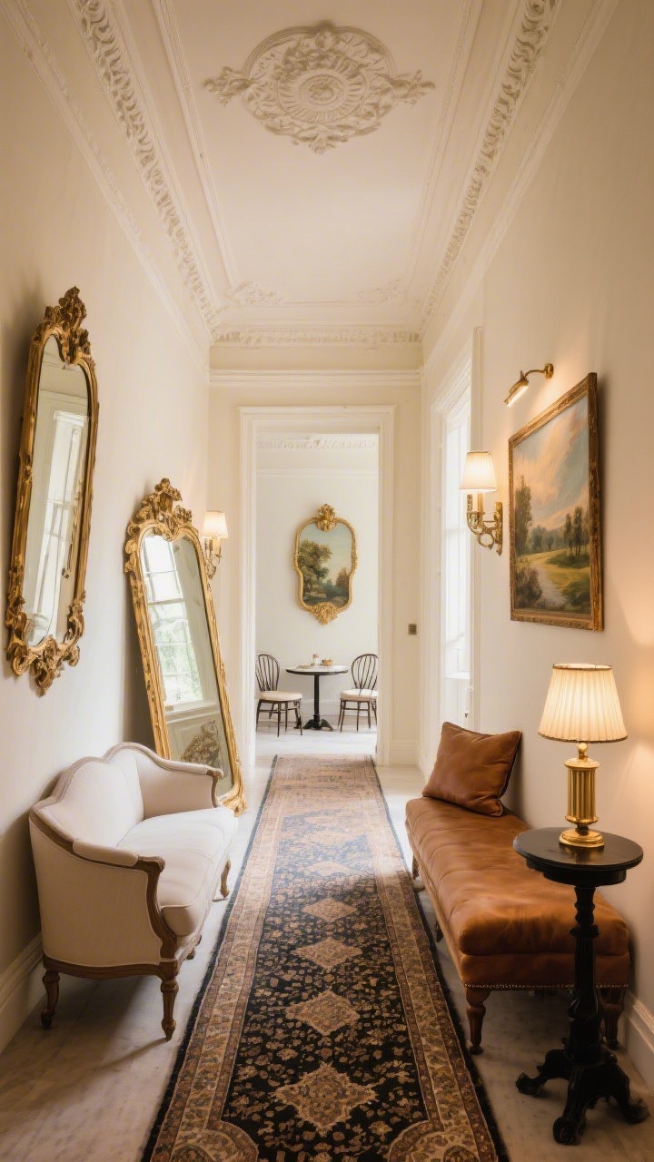 Wide shot, slightly elevated: Parisian-inspired passage with creamy walls, thin crown molding, and ceiling medallions; a slim-profile sofa with turned legs opposite a camel leather bench with bolsters; vintage Turkish runner centered down the length; antique gold mirrors including one oversized leaning mirror adding depth; petite bistro-style side table, fluted sconces, and a black-and-brass picture light illuminating a romantic landscape painting; soft, warm glow.