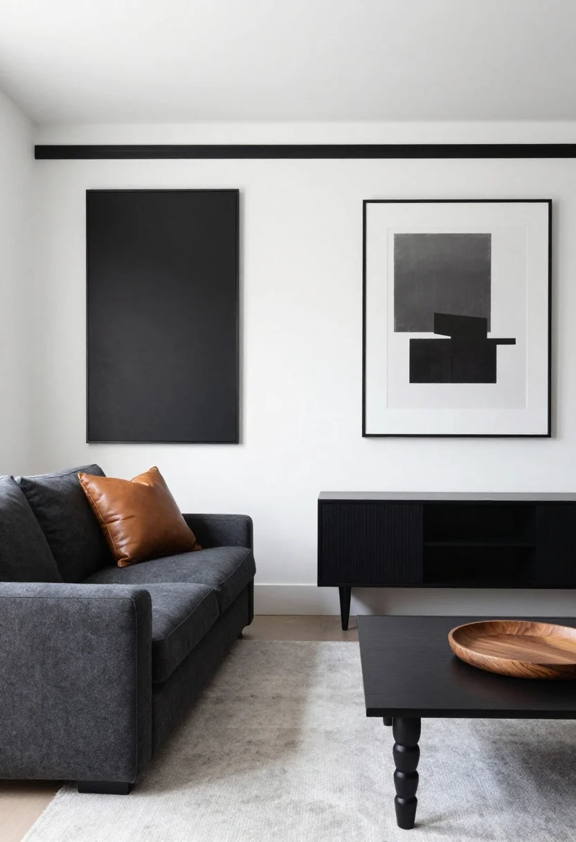 Wide shot: Soft white walls with a few charcoal anchors—a charcoal loveseat and charcoal window trim—paired with a slim black mirror and minimalist black-and-white art; a spindle-leg bench and a charcoal media console provide lean lines; one warm accent like camel leather pillows and a walnut tray keeps it inviting; crisp, gallery-like lighting, photorealistic.
