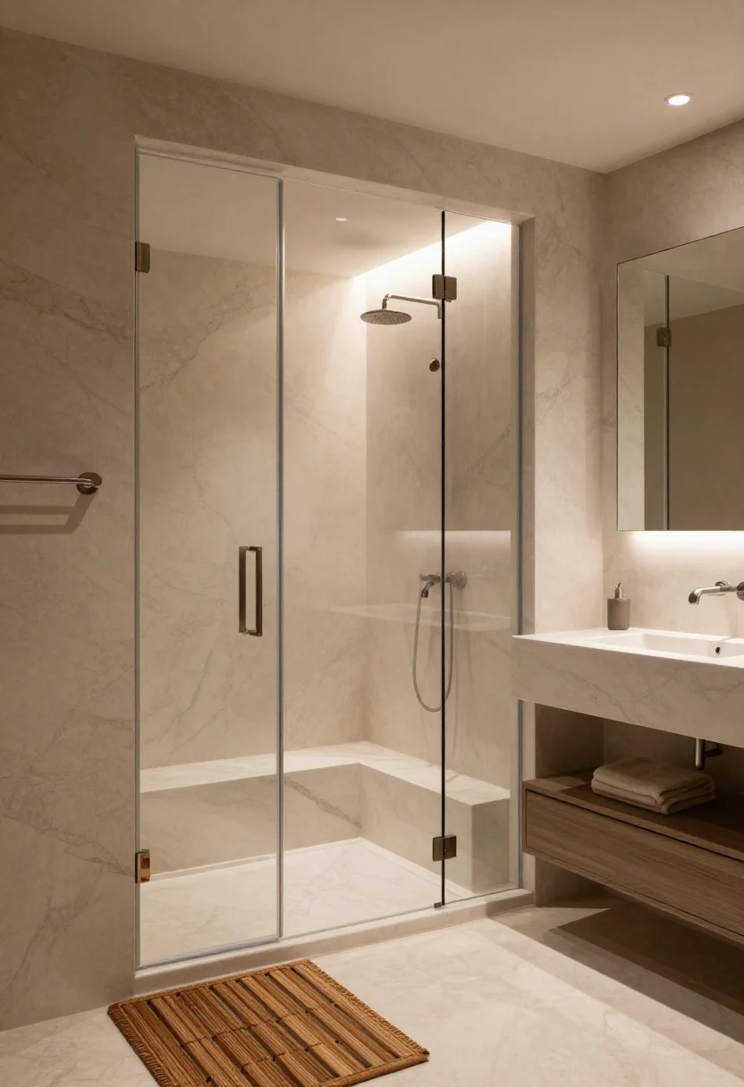 Wide shot, spa vibe: Micro spa retreat in a compact bathroom—large-format porcelain with natural stone veining wraps the shower and walls, a built-in bench niche glows with indirect LED lighting; a steam-ready clear glass door encloses the shower; matte nickel fixtures keep lines minimal; a wall-hung vanity with a deep sink is paired with a tall mirrored cabinet; a heated towel rail and a teak slatted shower mat complete the serene setup with soft steam haze.