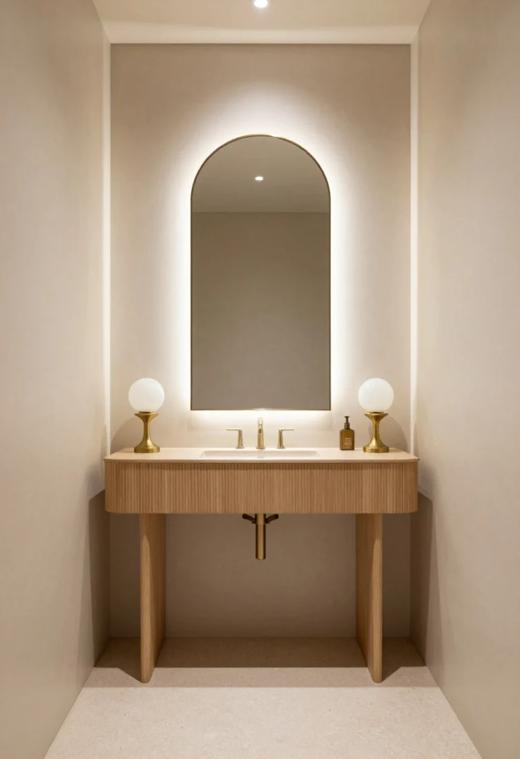Wide shot, straight-on: A narrow powder room with creamy microcement walls and soft limestone floors, a slim fluted oak vanity with knife-edge detailing, and a tall arched mirror either frameless or with a razor-thin champagne brass edge. Pair opal globe sconces in antique brass flanking just below the arch’s widest point, casting a gentle halo that doubles in reflection. Warm neutral palette of oatmeal, travertine, and champagne brass, styled with minimal accessories; layered lighting and polished, luxe finishes in a photorealistic, editorial look.