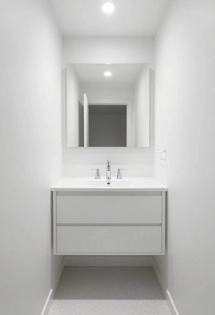 Wide shot, straight-on: An ultra-clean gallery-white small bathroom with satin white walls, a gloss-white floating vanity, and a seamless wall-to-wall recessed medicine cabinet mirror; floor in fine-speckled porcelain terrazzo; polished chrome faucet and hardware gleam; a powder-coated white minimalist towel hook nearly disappears; all storage hidden in recessed niches, bright even lighting heightens the pure, crisp feel.