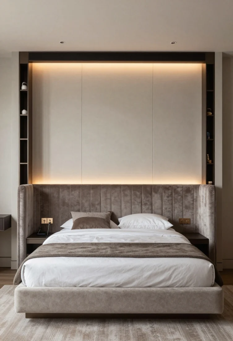 Wide shot, straight-on luxury editorial: A hotel-worthy wall bed niche fabricated as a seamless satin-lacquer mushroom paneled wall with delicate reveals; the bed floats within a wall-to-wall channel-stitched velvet headboard in a horizontal rhythm. Narrow hidden “towers” on both sides disguise push-to-open shelving for shoes and tees; a soffit above conceals dimmable LED downlights and a sound-dampening panel. A discreet drop-down panel beneath the headboard opens to a charging shelf and cable hub. Finishes include brushed-nickel touch latches; lighting features micro LED along the headboard edge for a subtle evening glow, and a low bouclé bench at the foot, all composed with visual quiet and a polished, premium ambiance.