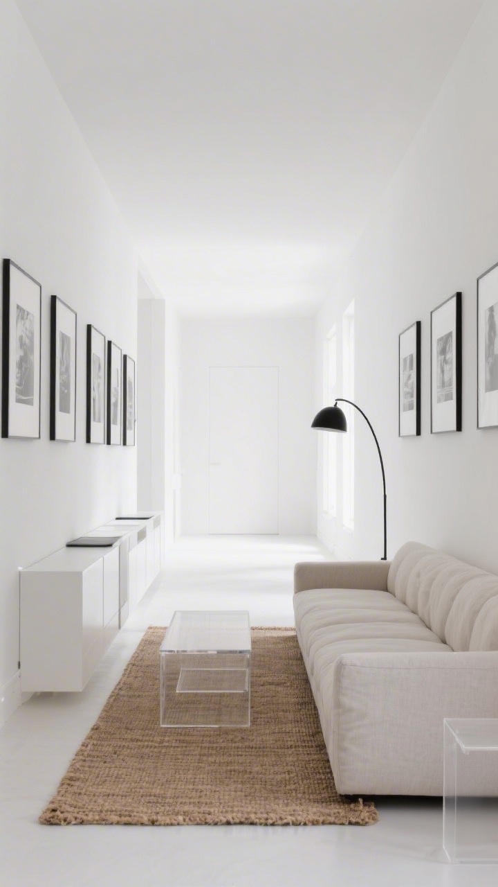 Wide shot, straight-on perspective: A minimalist long narrow living room with white walls and a low-profile linen sofa along one long wall, a runner-style jute rug guiding the pathway, frameless black-and-white prints evenly spaced above a slim console with hidden storage, a matte black arc floor lamp arching over the sofa, and a clear acrylic coffee table preserving sightlines; bright gallery-like ambient light, crisp photorealism.