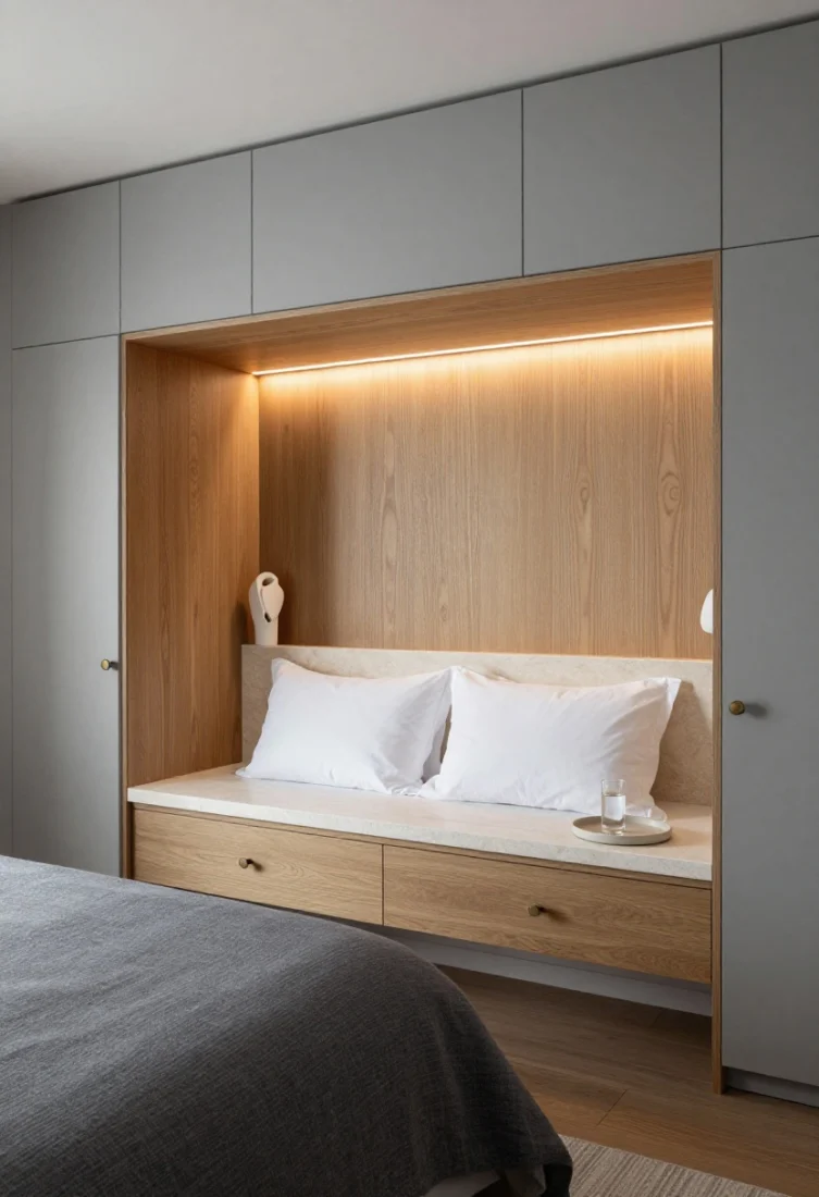 Wide shot, straight-on view: A small luxury bedroom wall converted into an alcove bed niche framed by soft gray fluted full-height wardrobes on both sides and a seamless cabinet bridge overhead; the alcove is lined in warm oak veneer with an integrated warm LED strip washing the oak. A slim honed limestone floating night ledge runs across the headboard wall with a hidden under-ledge drawer featuring matte antique-brass pulls repeated on the wardrobe doors. Styling includes crisp white percale sheets, a graphite linen coverlet, one sculptural sconce per side, and a ceramic tray with a single glass of water; add tiny pin-spot reading lights and layered, dim-to-warm lighting for a calm, editorial, luxury feel.