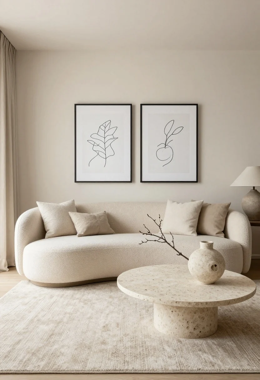 Wide shot, straight-on view: A small “Monochrome Cloud” living room in soft neutrals with layers of texture—ivory and oat walls, a low-profile curved bouclé loveseat, round travertine-look coffee table, nubby wool rug, linen drapes slightly puddling on the floor, and a matte ceramic table lamp. Two oversized framed black line drawings in thin black frames hang above the sofa. Add a sculptural branch in a heavy stone-like vase on the coffee table. Soft daylight, calm and tailored mood, no people, photorealistic.