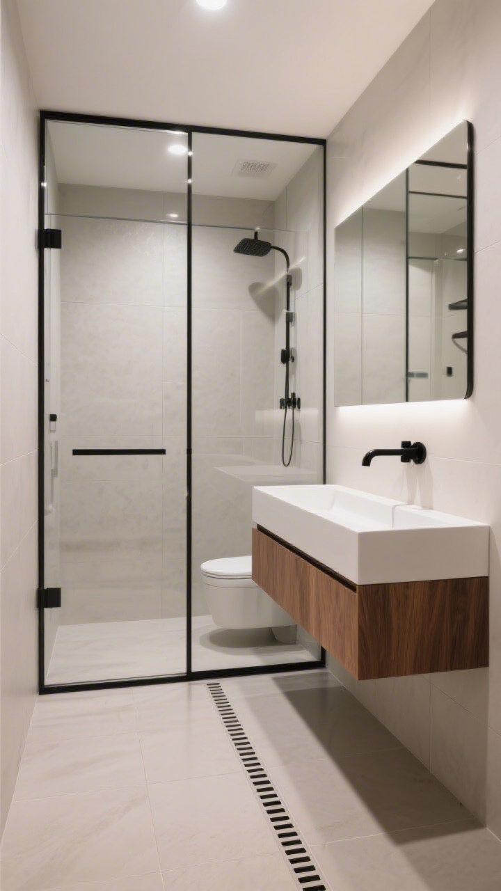 Wide shot, straight-on view of a modern small bathroom turned into a glass-box wet room: frameless wall-to-wall glass enclosure, continuous large-format porcelain floor in pale greige with a linear drain, warm walnut floating vanity with a slim trough sink, matte black wall-mounted faucet, softly backlit mirror casting a gentle glow; palette of greige, white, matte black, warm walnut, crisp minimal lighting, no clutter, photorealistic.