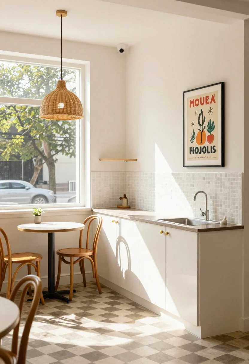 Wide shot, Sunny Café Chic: cheerful small kitchen with buttercream lower cabinets and glossy white uppers, white kit-kat mosaic tile backsplash for texture; small bistro table with two bentwood chairs by a sunlit window; brushed nickel hardware, gooseneck faucet, rattan pendant overhead softening the space; a playful vintage poster in a slim black frame; checkerboard peel-and-stick flooring in warm gray and white; optional wall-mounted drop-leaf table folded along one wall; bright morning light, round silhouettes, lively yet spacious feel, photorealistic.