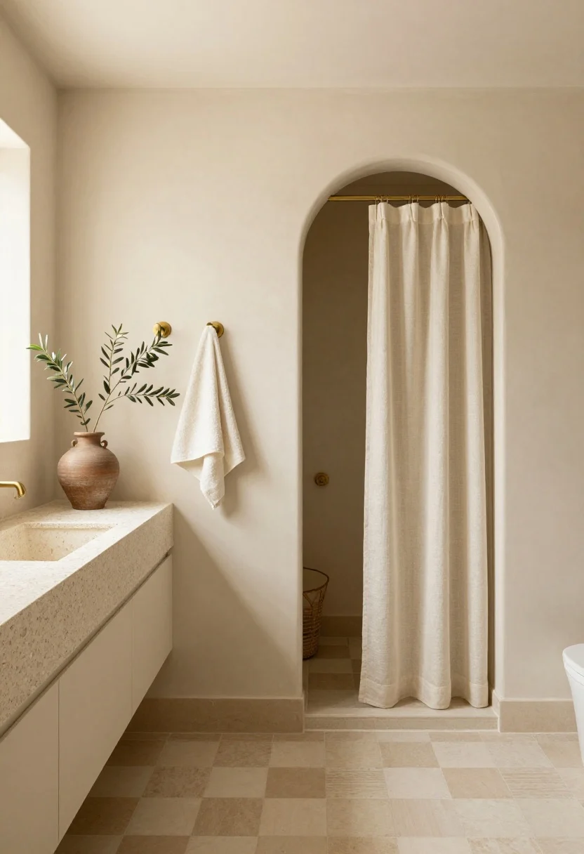 Wide shot: Warm minimal Mediterranean bathroom with buttery cream limewash walls, a tumbled travertine sink ledge, and a shower niche with a soft arch; rounded brushed brass fixtures echo the curves; a neutral checkerboard floor in cream and sand adds a gentle pattern; a linen café curtain under the vanity hides baskets; a clay pot with a single olive branch and nubby off-white cotton towels complete the sun-washed calm.