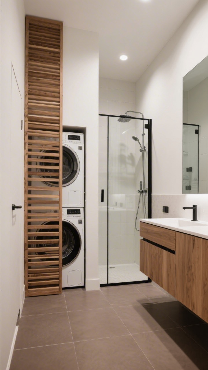 Wide shot with sliding perspective along one wall: washer/dryer stack hidden behind a slatted oak sliding panel; opposite wall features a compact vanity with a deep drawer and integrated pull; shower with space-saving bypass glass door; continuous warm taupe porcelain floor visually expanding the room; tall mirror to the ceiling reflecting light; palette taupe, oak, white, soft black; functional, refined illumination.