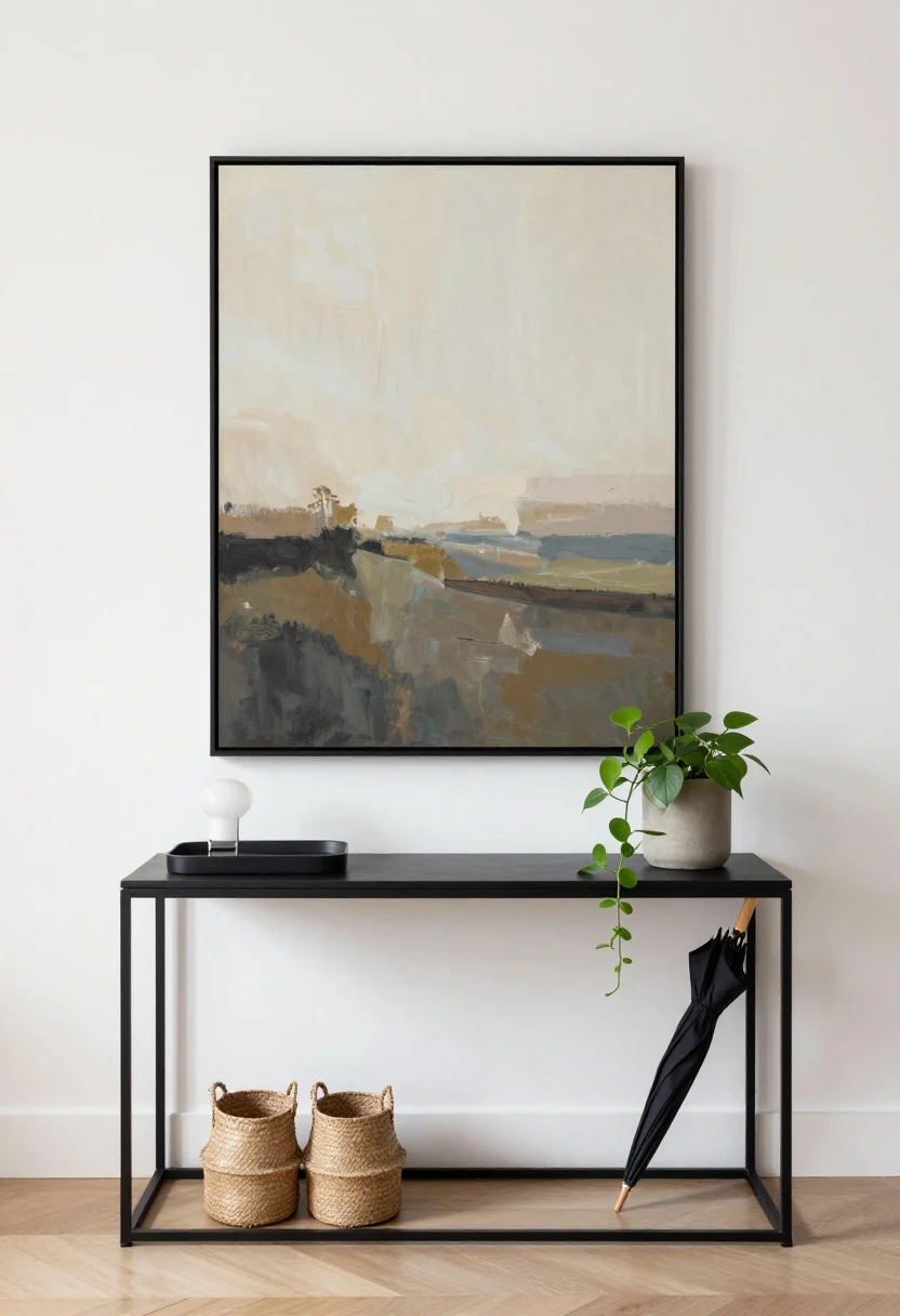 Wide, straight-on entry vignette: a skinny black metal console (10–12 inches deep) against soft white walls, anchored by one oversized art print hung low—an abstract in muted clay tones or a moody landscape. Under the console, two seagrass baskets for shoes and a compact umbrella stand. On top: a sculptural lamp, a small catchall tray, and one trailing plant. Natural daylight with soft shadows, gallery-chic mood, uncluttered styling, photorealistic.