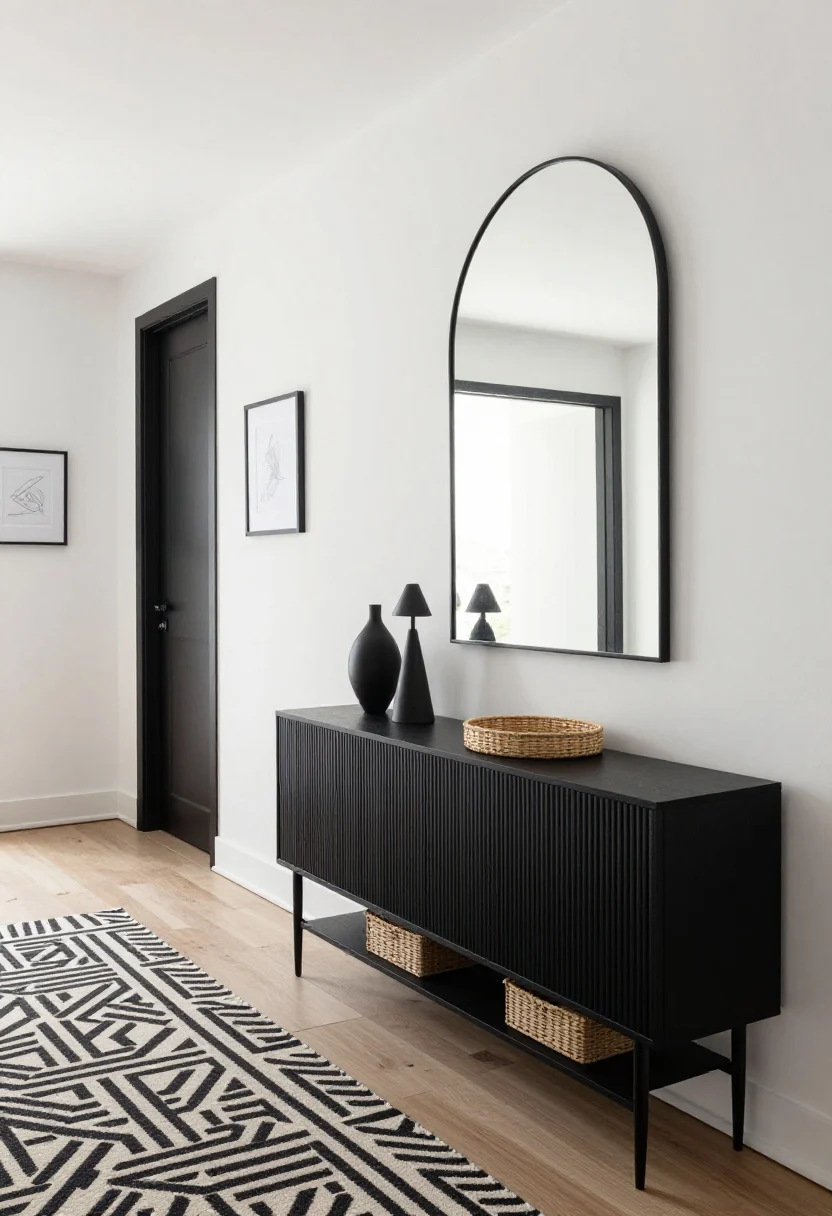 Wide, straight-on photorealistic shot of a modern monochrome hallway: soft matte white walls with black baseboards and black door trim forming a crisp outline, a slim black ribbed-front console with a low shelf holding woven baskets, a large thin-rimmed black mirror above reflecting light, black-and-ivory geometric runner on the floor, paired matte black cone sconces casting a gallery-like glow; include two black-framed line drawings, a single sculptural vase, and woven catchall trays; finishes: matte black metals, clean white paint, textured ribbed wood.