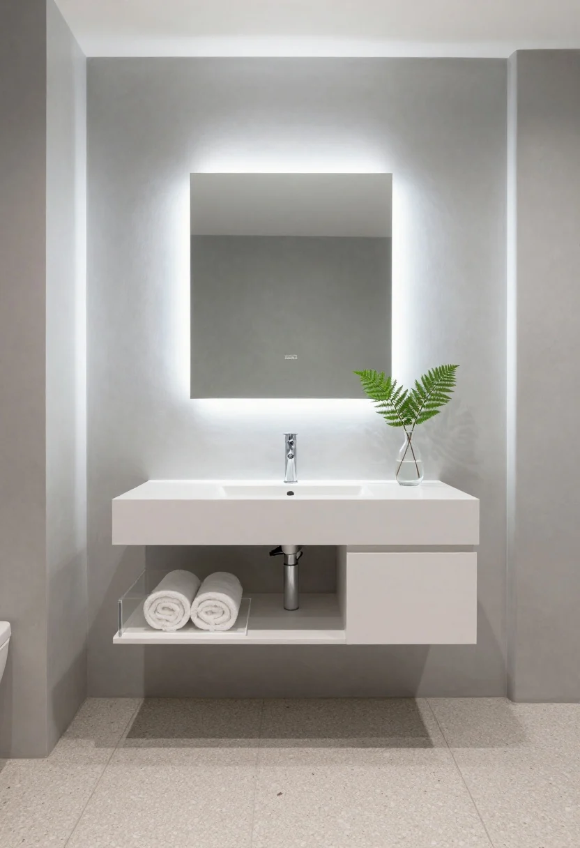 Wide, straight-on photorealistic shot of a tiny bathroom with a 12–16-inch-deep matte white floating vanity and a thin porcelain trough sink, plumbing hidden behind a flat-front drawer. A large backlit LED mirror casts a soft halo on pale gray microcement walls. Oversized terrazzo floor tiles in light neutrals visually expand the space. Chrome cross-handle faucet, a clear acrylic shelf with rolled white towels, and a single fern frond in a glass bud vase complete the airy, modern, seamless vibe. Even, soft lighting to emphasize glow and cleanliness.