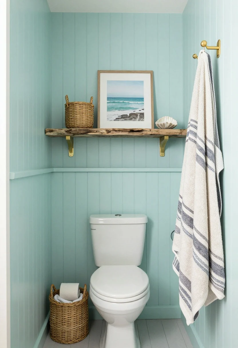 Wide straight-on shot of a coastal alcove bathroom: full-width seafoam beadboard panel capped with a painted ledge shelf, plus a weathered driftwood shelf above the toilet. Style with woven baskets for TP and towels, a shell-shaped soap dish, and a framed coastal print in muted blues; add a striped Turkish towel and brushed brass hooks. Textures of beadboard, seagrass, and driftwood clearly visible; bright, breezy daylight.