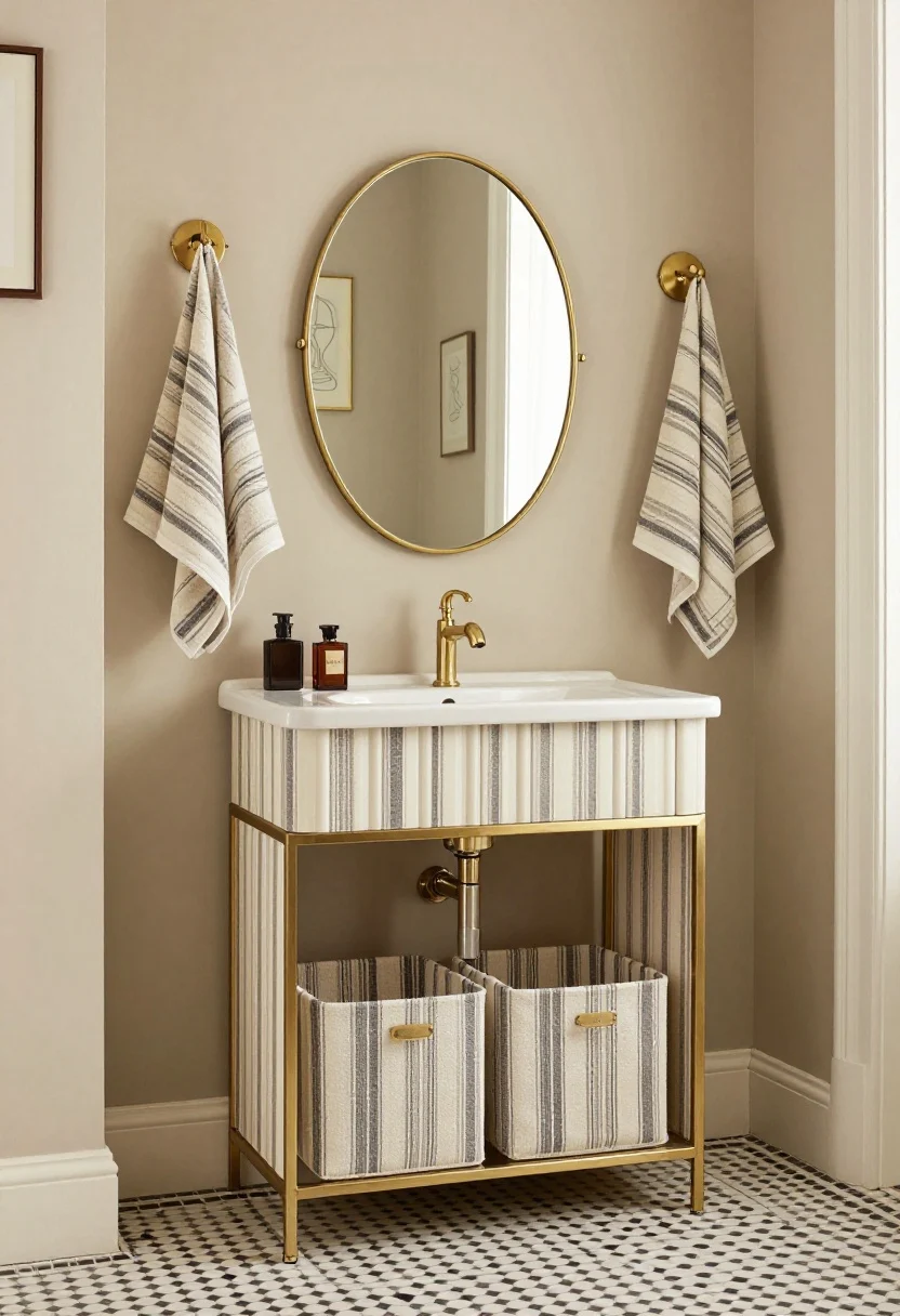 Wide, straight-on shot of a compact console sink dressed with a tailored cream-and-ink ticking stripe skirt concealing storage bins. Above, a brass oval mirror and petite articulated sconces. Tiny black-and-white checkerboard tile across the floor, walls painted warm greige for Parisian apartment charm. Monogrammed towels on a small hook, vintage perfume bottles, and framed line art complete the scene. Soft, warm lighting.